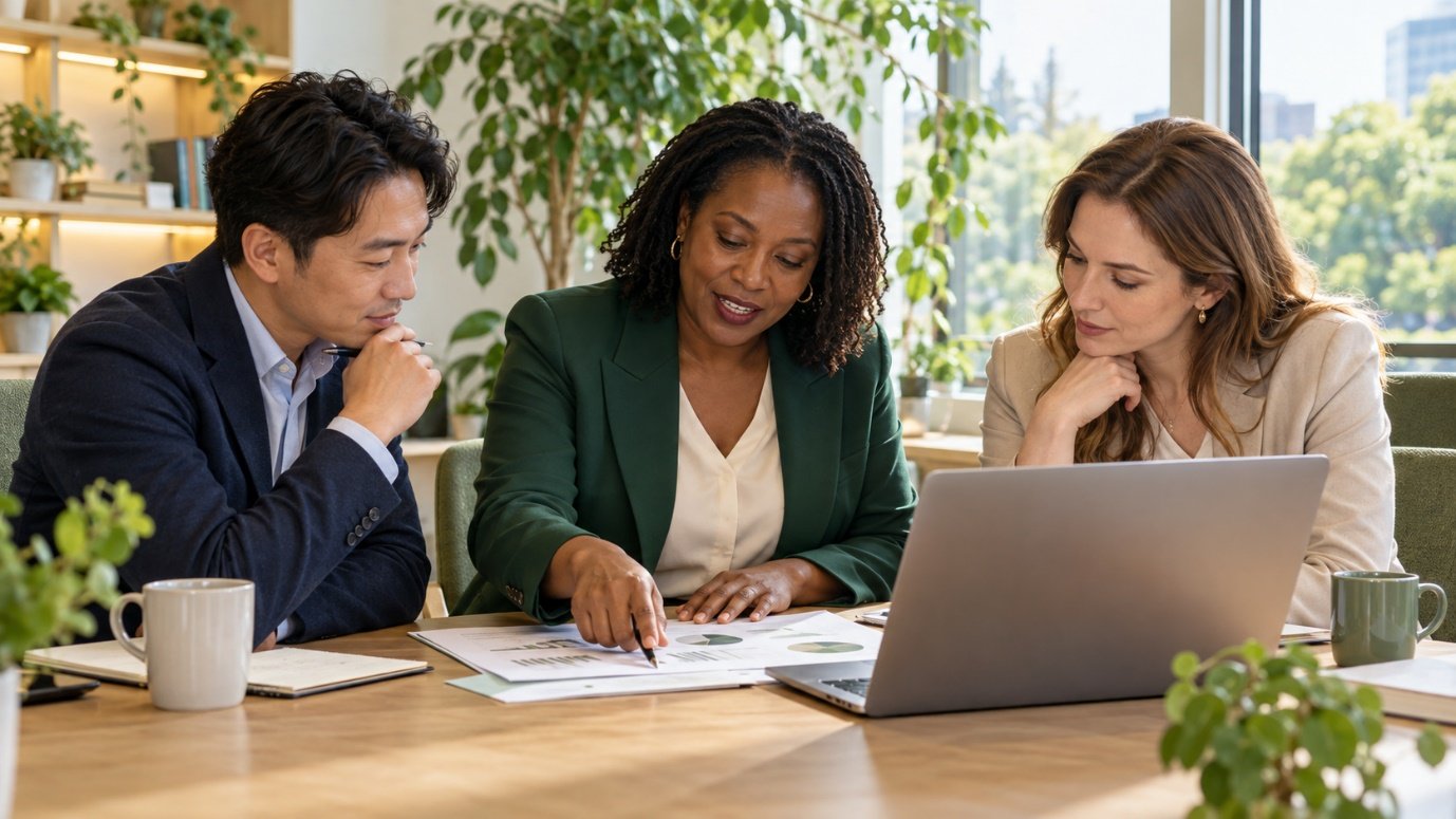 Three colleagues reviewing workforce data and plans beside a laptop.